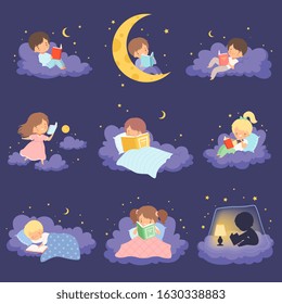 Cute Blonde Little Girl Sitting and Lying on Clouds at Night and Reading Books Collection Vector Illustration