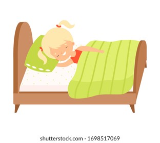 Cute Blonde Little Girl Sleeping Sweetly in Her Bed under Blanket Vector Illustration