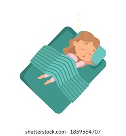 Cute Blonde Little Girl Sleeping Sweetly in her Bed under Blanket, Bedtime, Sweet Dreams of Adorable Kid Concept Cartoon Style Vector Illustration