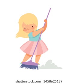 Cute Blonde Little Girl Sweeping the Floor with Broom at Home, Adorable Kid Doing Housework Chores at Home Vector Illustration