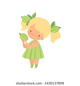 Cute Blonde Little Girl Wearing Gooseberry Costume, Adorable Kid Cartoon Character in Carnival Clothes Vector Illustration