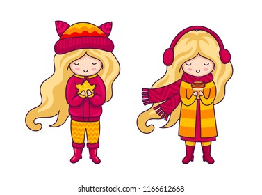 Cute blonde little girls. Autumn fashion. Kawaii cartoon characters for postcard, card, poster, invitation, print.