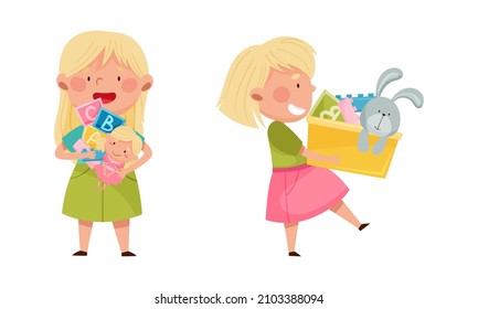 Cute blonde little girls playing toys set cartoon vector illustration