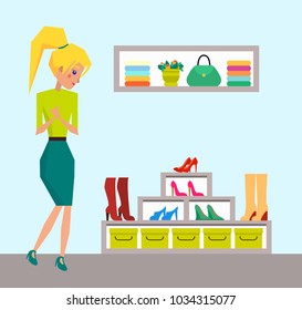 Cute blonde looking on rack with colorful shoes and boots, vector illustration of footwear shop, shelf with flower and handbag, lot of folded shirts