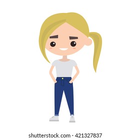 Cute blonde with pony tail wearing casual clothes / Flat editable vector illustration