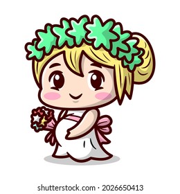 Cute blonde pregnant woman is wearing wedding dress. High quality cartoon illustration.