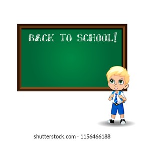 Cute blonde school boy with big green anime eyes wearing uniform with backpack standing near blackboard with chalk inscription back to school and copy space on white background. Vector clip art.