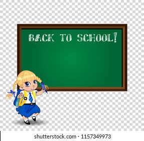 Cute blonde school girl with braids and big blue eyes wearing uniform with backpack standing near blackboard with chalk inscription back to school and copy space on transparent background. Vector.