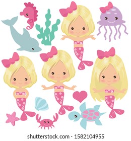 Cute blonde sea mermaid vector cartoon illustration