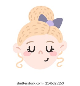 Cute Blonde Smiling Girl with a Bow in her Hair. Vector hand-drawn illustration isolated on a white background.