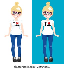 Cute blonde teenager girl wearing white shirt with I love mustache print design in two different background color versions