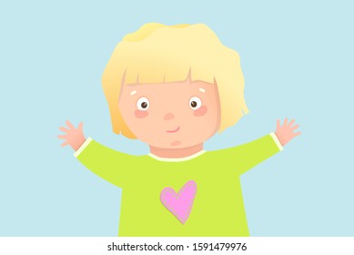 Cute blonde toddler girl hugging background design. Preschooler kindergarten happy kid cartoon hand drawn watercolor style background.