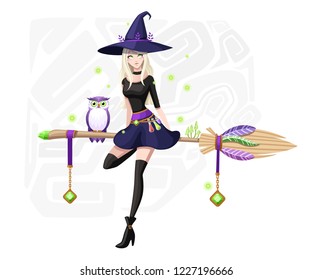 Cute blonde witch sit on flying broom. Purple owl on broomstick. Witch purple hat and clothes. Cartoon character design. Beautiful women. Flat vector illustration on background with fireflies.