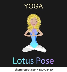 Cute blonde woman doing yoga lotus position. Girl sitting and meditating. Vector. Isolated background