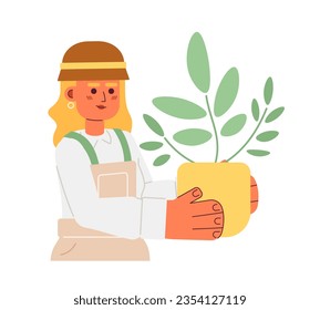 Mujer rubia guapa sosteniendo un personaje vectorial semi-plano de la planta de la casa. Niña de medio cuerpo editable cuidando la planta en blanco. Ilustración simple de dibujos animados para el diseño gráfico web