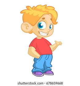 Cute blonde young boy waving and smiling. Vector cartoon  illustration of a teenager in red t-shirt presenting. Outlined character