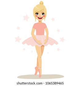 Cute blonde young teenager girl ballerina wearing pink tutu and dancing