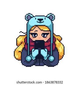 Cute blondy girl with smartphone. Vector pixel art style illustration