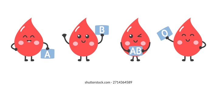 Conjunto de caracteres de gotas de sangre lindas que contienen signos de tipo de sangre A, B, AB y O. Mascotas que representan la donación de sangre, la transfusión y la conciencia de la atención médica. Ilustración vectorial.
