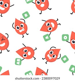 lindo patrón de caída de sangre. personajes sanos de caricatura de tipo rojo sangriento, donante de sangre, símbolo de donación de transfusiones líquidas. dibujos animados de tipo vectorial personajes de moda minimalista plano conjunto de patrones sin fisuras