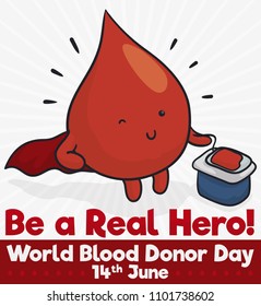 Gota de sangue bonito piscando você com capa como um super-herói promovendo doação de sangue durante o Dia Mundial do Doador em 14 de junho.
