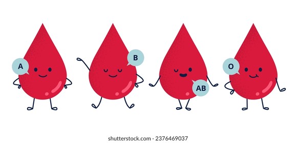 Geruchtes Blut fällt. Verschiedene Bluttypen. Bluttest und Blutspende. Konzept der Gesundheitsversorgung Vektorflache Illustrationen.