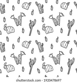 Cute Blooming Cacti. Black White Seamless Pattern in Doodle Style. Illustration for fabric, paper, notepads.