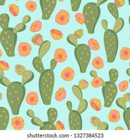 Cute blooming cactus flowers seamless vector floral pattern background. Surface pattern design for fabric, wallpaper, scrapbooking, invitation cards for kids.