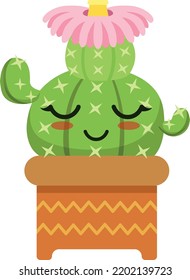 Cute Blooming Cactus With Kawaii Face. Happy Succulent Pot