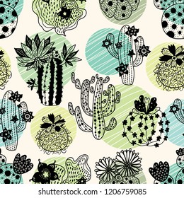 Cute blooming cactuses. Hand drawn seamless pattern, perfect for fabric, wallpaper.