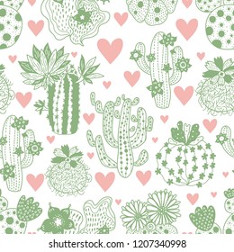Cute blooming cactuses. Hand drawn seamless pattern, perfect for fabric, wallpaper.