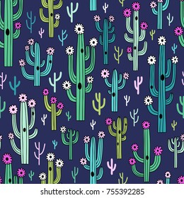 Cute blooming cactuses on dark blue background. Hand drawn seamless pattern, perfect for fabric, wallpaper or giftwrap.  