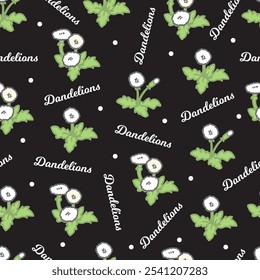 Cute Blooming Dandelion Flowers and Green Leaves. This seamless pattern is erfect for nature-inspired designs and botanical-themed projects. Ideal for use in textiles, packaging, or digital artwork.