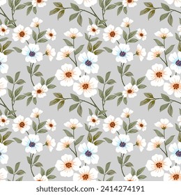 Cute blooming flowers and green leaf seamless pattern for fabric textile wallpaper.