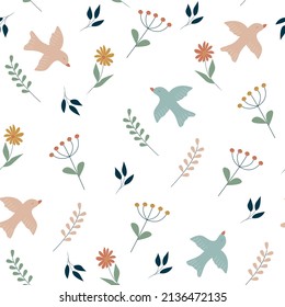 Cute blooming meadow seamless pattern. Birds and flowers on a white background. Creative spring vector background. Colorful childish design.