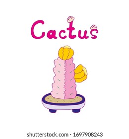 Cute blooming pink cactus with large yellow flowers houseplant in pot. Indoor flower, elegant home decor. Hand drawn vector art isolated on white background. Design for flyers, cards, invitations.