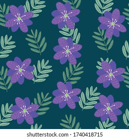 Cute blooming purple floral with leave seamless pattern on dark green background for fashion print. 