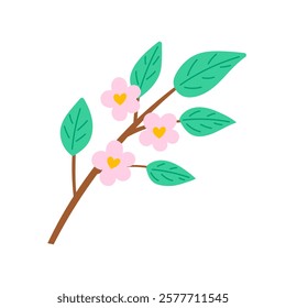 Cute blooming twig with pink flowers vector illustration in flat style. Nature concept