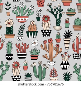 Cute blooming vector cactuses on light grey background. Hand drawn seamless pattern, perfect for fabric, wallpaper or giftwrap.  
