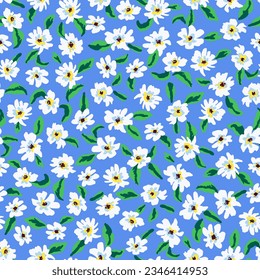 Cute blooms with leaves seamless repeat pattern. Random placed, vector botany all over surface print on blue background.