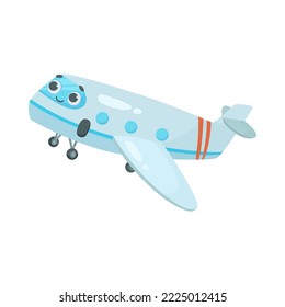 Cute blue airliner cartoon illustration. Colorful aircraft flying in sky, carrying passangers isolated on white background. Aviation, transportation concept.