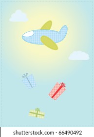 Cute blue airplane with gifts. Vector illustration
