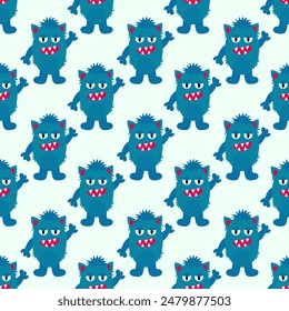 Cute blue alien or monster seamless pattern for kids design. Vector flat illustration.