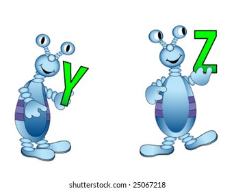 Cute blue aliens holding letters. Vector. Whole set in my portfolio.