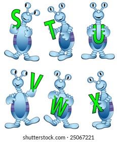 Cute blue aliens holding letters. Vector. Whole set in my portfolio.