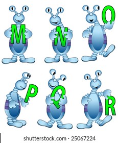 Cute blue aliens holding letters. Vector. Whole set in my portfolio.