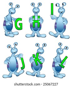 Cute blue aliens holding letters. Vector. Whole set in my portfolio.