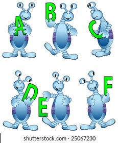 Cute blue aliens holding letters. Vector. Whole set in my portfolio.