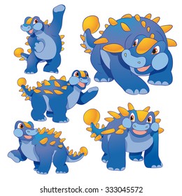 Cute Blue Ankylosaurus Cartoon Many Actions