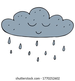 cute blue autumn cloud with raindrops, freehand drawing, vector doodle style element, black outline